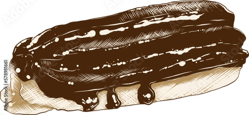 Vector engraved style illustration for posters, decoration, logo and print. Hand drawn sketch of eclair in colorful isolated on white background. Detailed vintage woodcut style drawing.