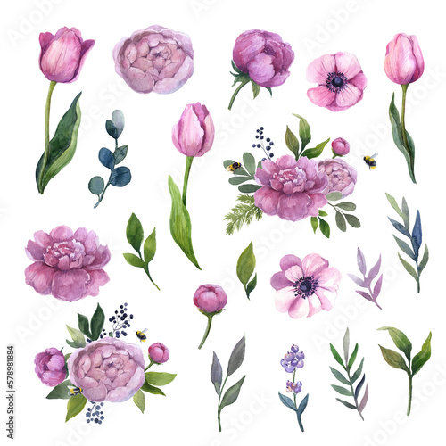 Watercolor pink flowers set on the white background