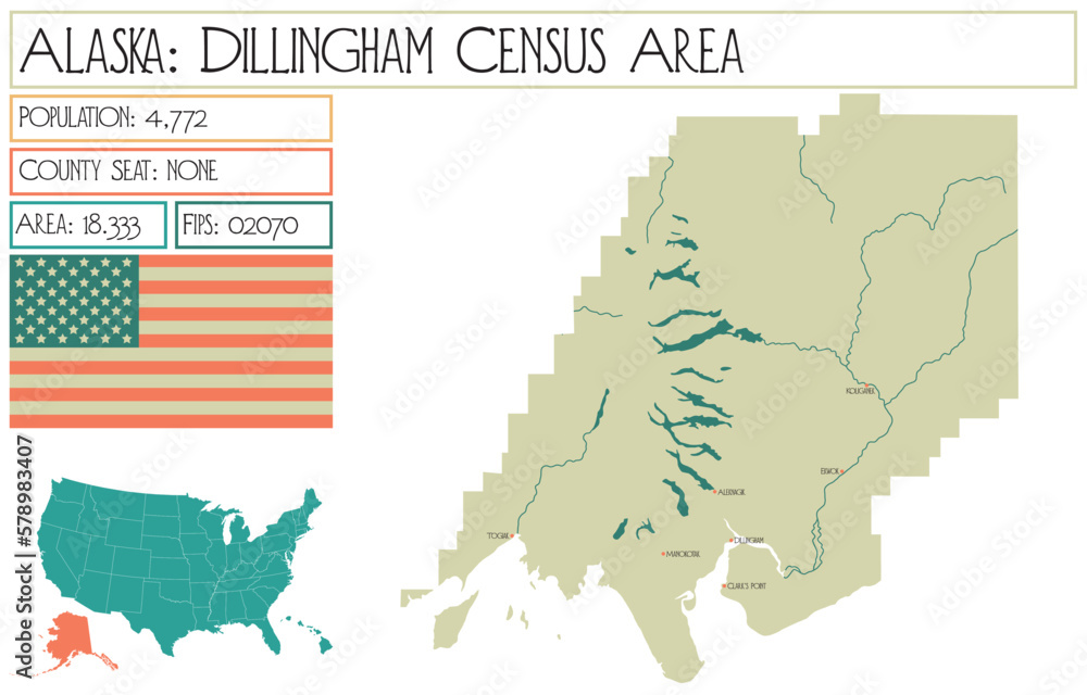 Large and detailed map of Dillingham Census Area in Alaska, USA.
