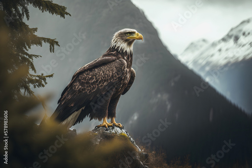Majestic Eagle  Symbol of Freedom and Strength in a Scenic Mountain Landscape with Clear Blue Sky and White Clouds  Generative AI