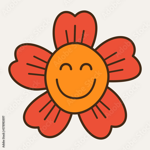 Personage design, extured shape. Cute shape, five petals flower cheerful. Creative character, cartoon style, badge sticker. Isolated on white.