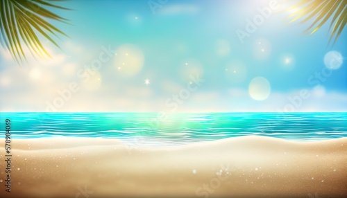 Ocean seaside empty beach sand closeup up with blurred blue sky and azure waves with palm tree leaves background with empty space for product placement
