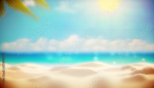 Ocean seaside empty beach sand closeup up with blurred blue sky and azure waves with palm tree leaves background with empty space for product placement