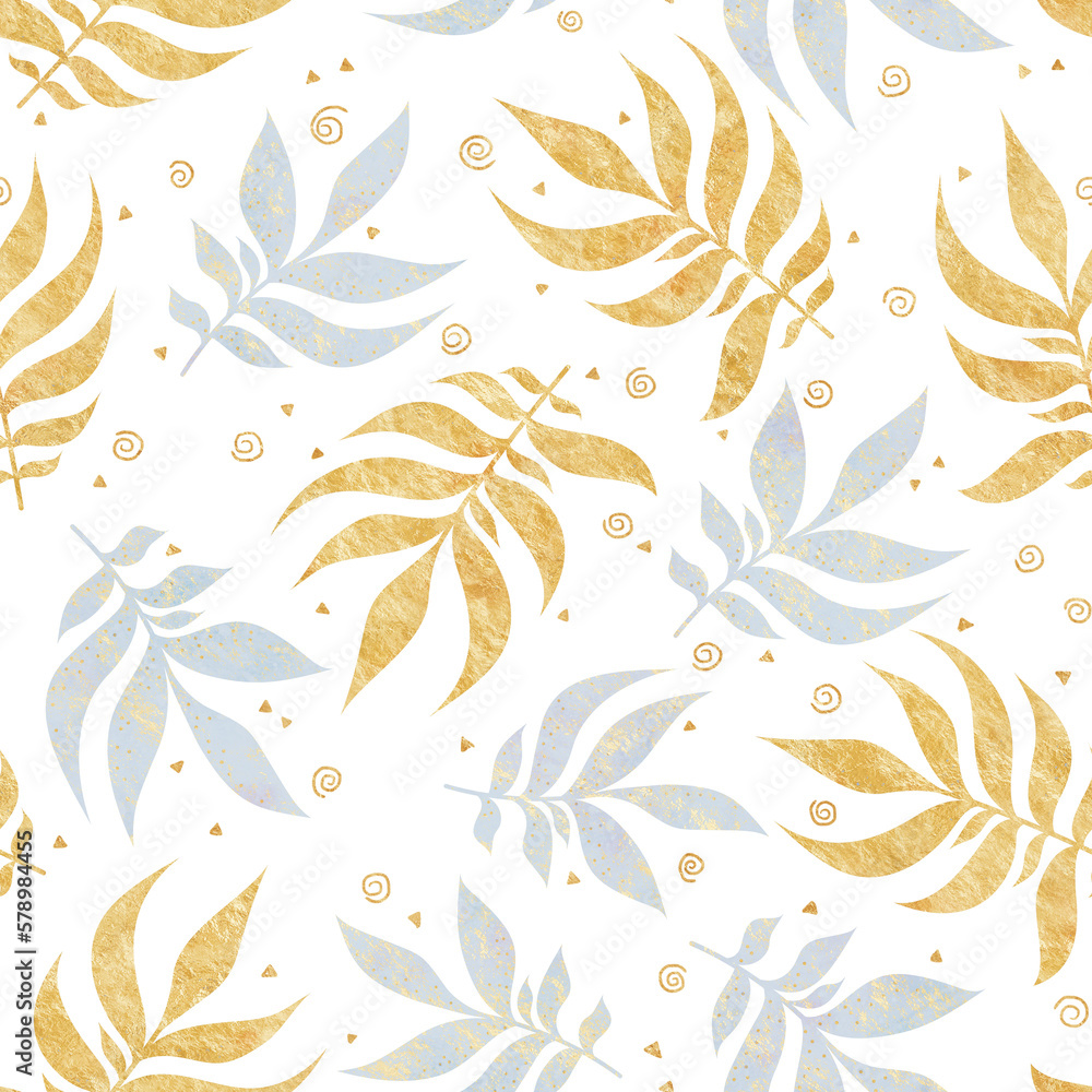 Seamless background with floral ornament. Golden and gray leaves on a white background. Raster illustration for interior design, packaging printing, wrapping, postcard. Printing on fabric and paper.