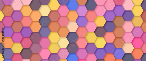 Abstract bright and colorful hexagon mosaic background. Beautiful colorful background of hexagonal shapes randomly. Hexagons line in luxury futuristic background. Fantasy style artistic wallpaper.