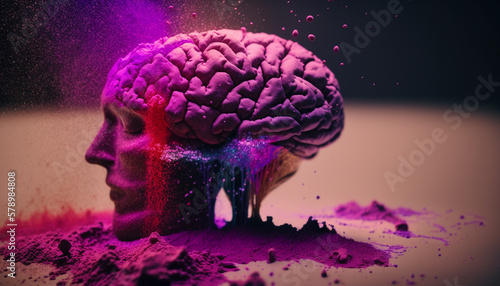 Artistic illustration of a human brain exploding with fantasy dust with knowledge and creativity. AI Generative.