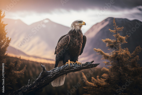 Majestic Eagle: Symbol of Freedom and Strength in a Scenic Mountain Landscape with Clear Blue Sky and White Clouds, Generative AI © aprilian