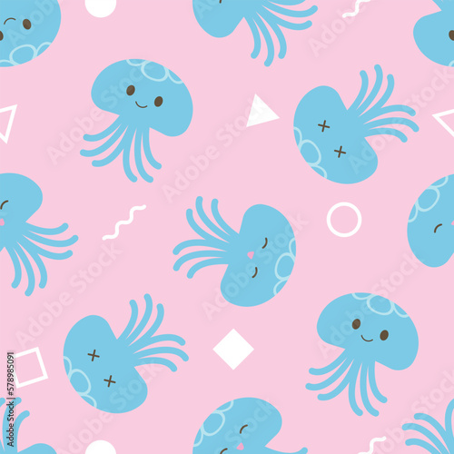 ゆるかわなクラゲと幾何学模様のシームレスパターン