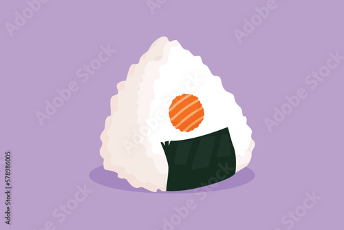Character flat drawing fresh delicious Japanese onigiri rice restaurant logo emblem. Sushi seafood cafe shop logotype template for cafe, shop, food delivery service. Cartoon design vector illustration