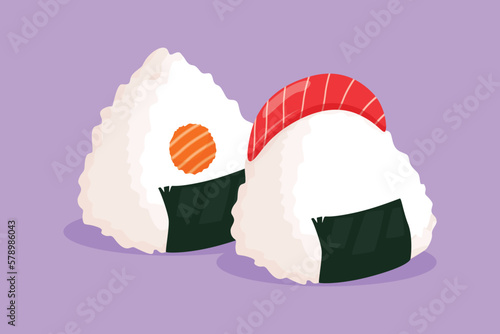 Character flat drawing stylized Japanese onigiri logo label, flyer, sticker, symbol. Emblem seafood sushi restaurant concept for cafe, shop or food delivery service. Cartoon design vector illustration