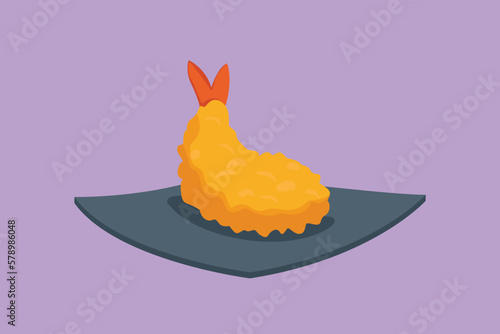 Graphic flat design drawing of stylized crunchy Japan tempura logo, label, sticker, symbol. Emblem seafood restaurant concept for cafe, shop or food delivery service. Cartoon style vector illustration