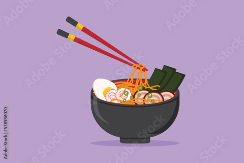 Cartoon flat style drawing stylized Japanese ramen logo, label, sticker, symbol . Emblem fast food noodle restaurant concept for cafe shop or food delivery service. Graphic design vector illustration