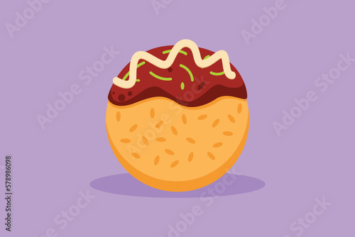 Character flat drawing stylized Japanese takoyaki ball logo label, flyer, sticker, symbol. Emblem seafood restaurant concept for cafe, shop or food delivery service. Cartoon design vector illustration