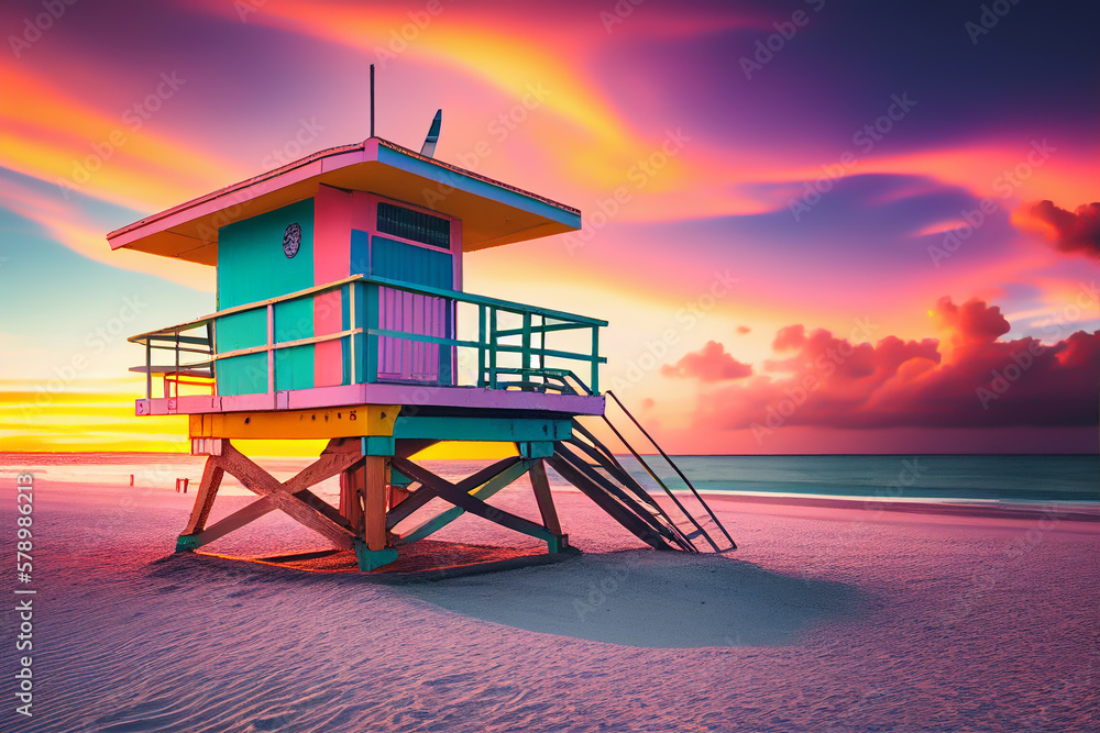 Naklejka premium Lifeguard tower on beach on sunset. Miami Beach with lifeguard tower. Rescue tower with lifeguard to watch swimmers in sea to prevent drowning and danger. Colourful Sunset on beach. Ai Generated.