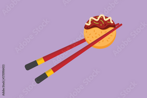 Graphic flat design drawing fresh delicious Japanese takoyaki ball on chopstick restaurant logo emblem. Seafood cafe shop logotype template concept for food delivery. Cartoon style vector illustration