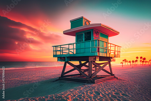 Lifeguard tower on beach on sunset. Miami Beach with lifeguard tower. Rescue tower with lifeguard to watch swimmers in sea to prevent drowning and danger. Colourful Sunset on beach. Ai Generated. © MaxSafaniuk