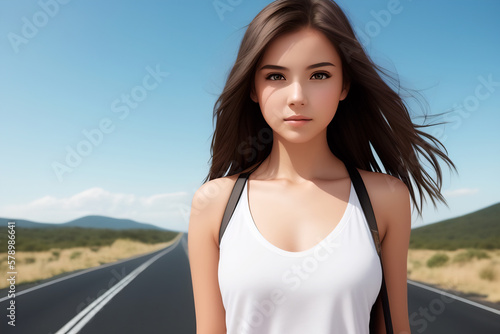 A young woman standing alone on the road. Generative AI