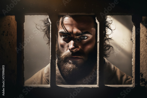 Abstract art. Colorful painting art portrait of Paul the Apostle in prison. Christian illustration. Generative AI. photo