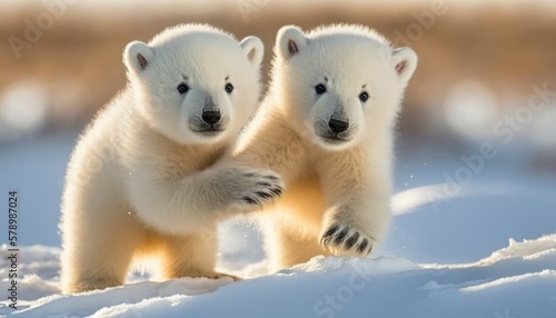 Polar bear cubs playing in the snow