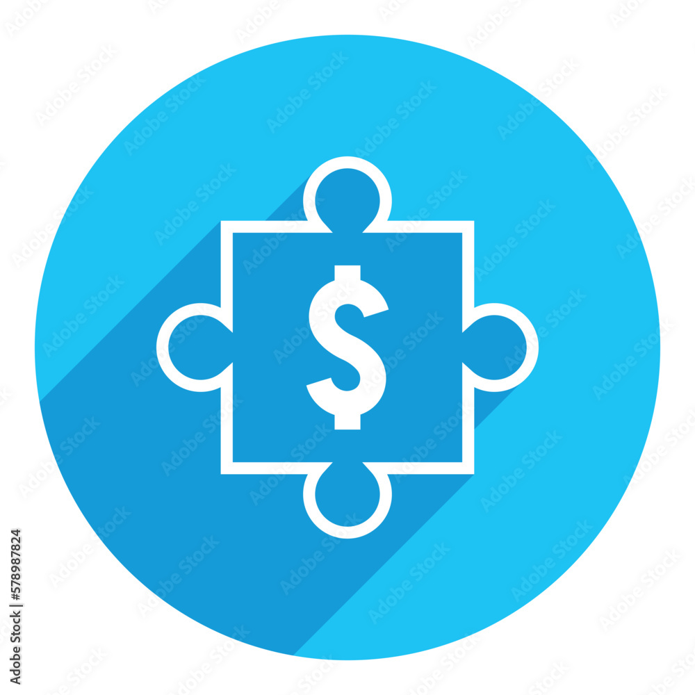 Puzzle and dollar sign. flat icon. long shadow design. blue background. Puzzle and dollar sign. flat icon. long shadow design. blue background.