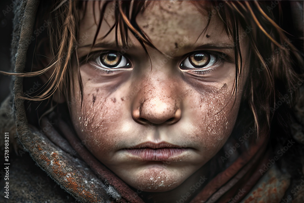Sad war little boy staring at camera. Deep look. Photojournalism. Generative AI