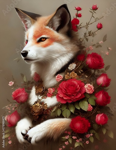 kitsune with roses and thorns Generative AI