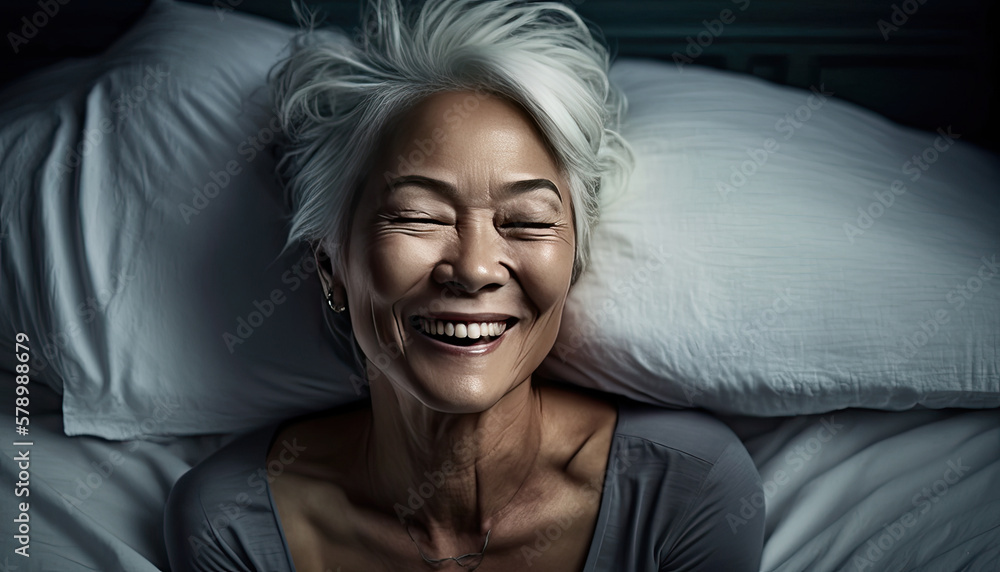 Sincere smile of an exultant mature woman with white hair waking up. Generative AI Sincere smile of an exultant mature woman with white hair waking up. Generative AI