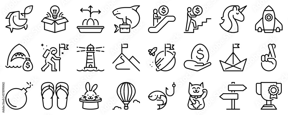 Fototapeta premium Line icons about business metaphors on transparent background with editable stroke.