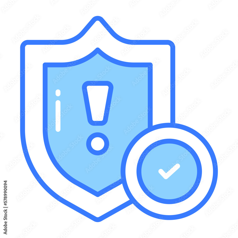 Exclamation mark on shield with tick mark showing vector of verified security Exclamation mark on shield with tick mark showing vector of verified security