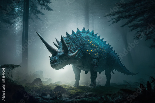 Ai artwork of a fearsome, large, horned dinosaur in misty, dark forest and swamp area. Generative ai. © JG Marshall