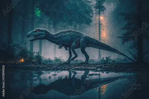 Ai artwork of a fearsome, scary, bird-like dinosaur in misty, dark forest. Generative ai. © JG Marshall