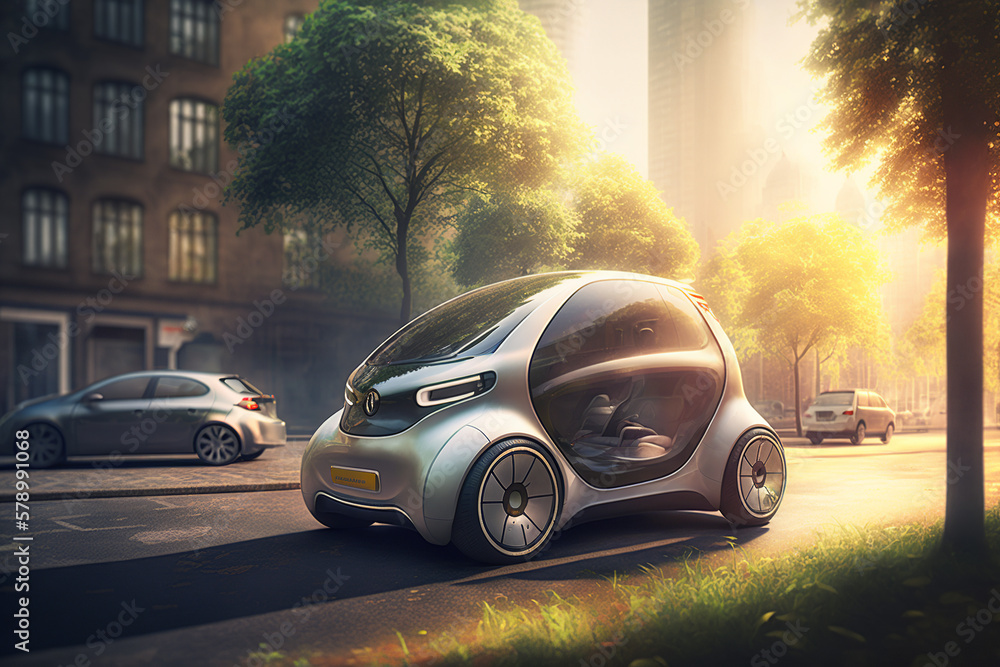 Eco friendly futuristic electric car .  Electric green energy transportation. City of the future, Eco buildings a lot of tree, greens, Clear energy. Generative ai.