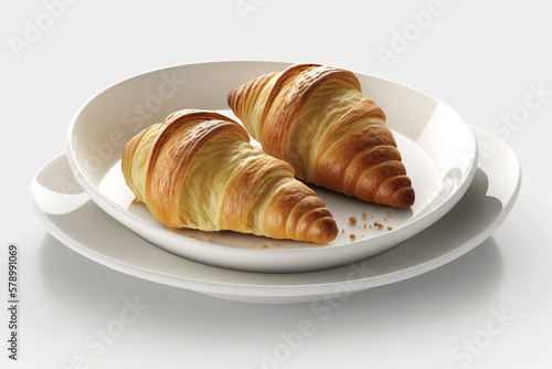 Two fresh golden French croissant on a plate. Generative ai