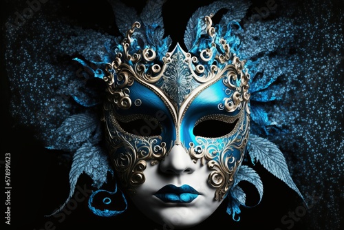 Bright carnival mask in blue and white color's festival made with Generative AI