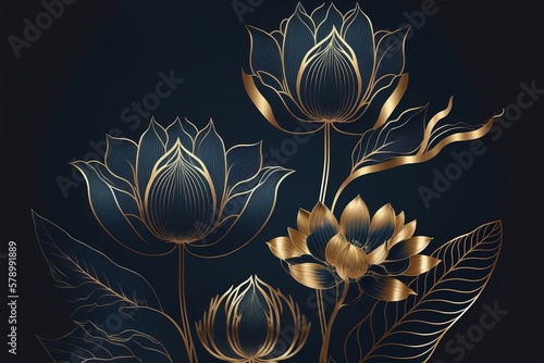 Golden lotus line arts on dark blue background made with Generative AI