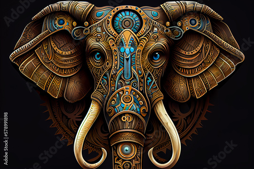 Logo of an Elephant, elephant head illustration in a fantasy steampunk aztec style.. Generative AI
