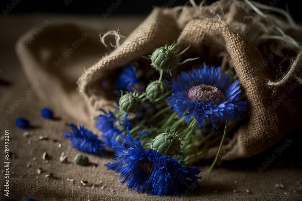 Fototapeta premium bouquet of cornflowers on a background of burlap spring postcard made with Generative AI