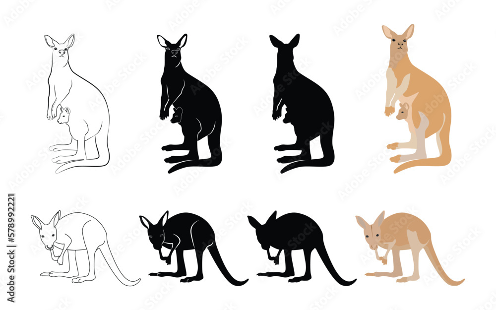 Cute kangaroo in flat style. Line art kangaroo, vector illustration isolated on background.