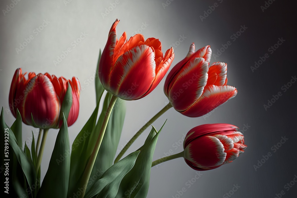 Fototapeta premium Red tulips on a wiped white and gray background made with Generative AI
