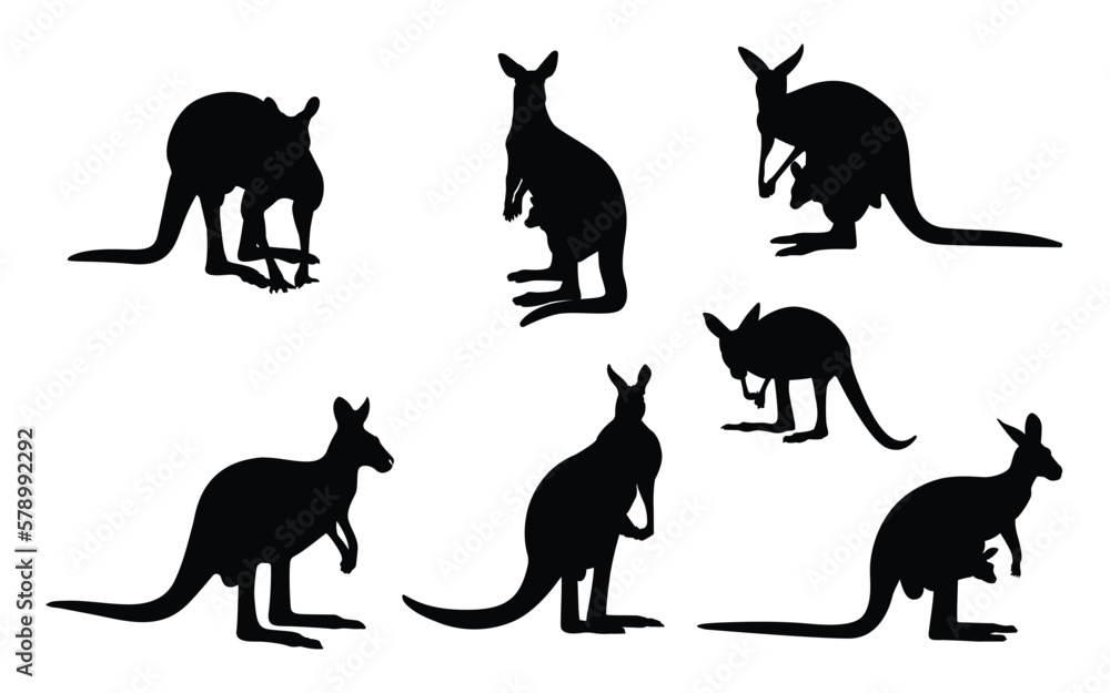 Collection of kangaroo silhouettes. Kangaroo silhouette. Black color. Vector illustration.