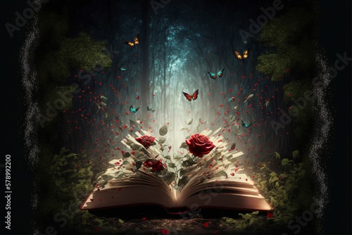 Open book with red roses flying out of it background summer made with Generative AI