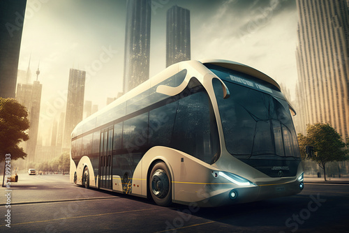 Eco friendly bus.  Electric green energy transportation. City of the future, Eco buildings a lot of tree, greens, Clear energy. Generative ai. photo