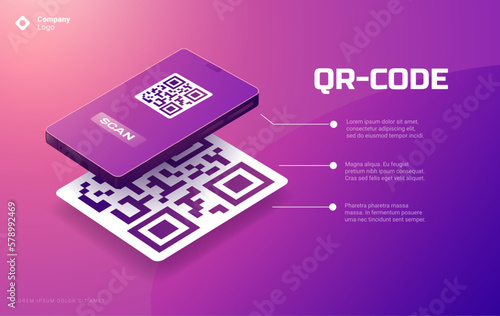 QR code on phone. Scan me coding for mobile app payment, isometric smartphone mock up with identification barcode scanning concept. Vector banner