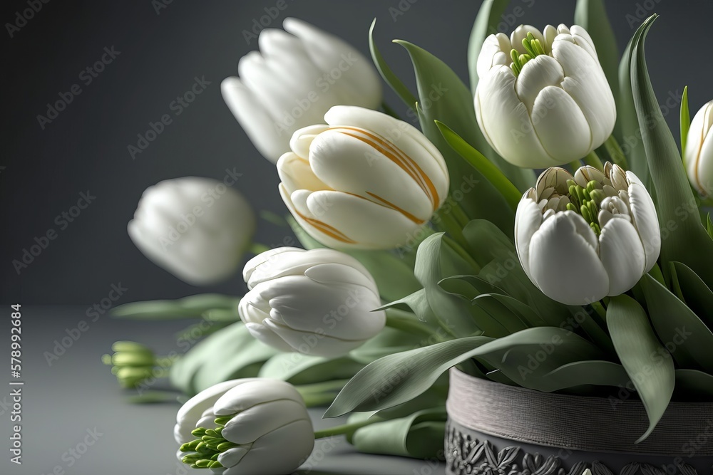 Obraz premium Women's day Easter white tulips on gray background