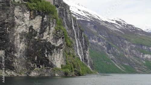 Wide shot of waterfall seven sisters on Geiranger fjord in Norway from ferry
