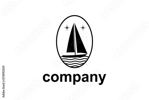 Boat with Stars for Sailing at Night, Fisherman Sailboat on the Ocean Sea Wave Silhouette logo design
