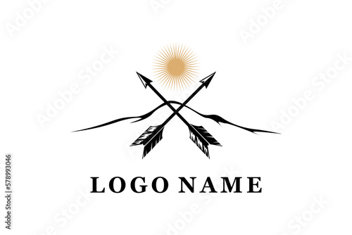 Cross Arrow with Sun Rays Initials Letter for Rustic Vintage Retro Summer Hunting Logo Design