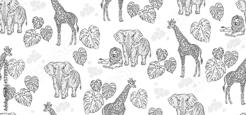 Fashionable beautiful textile seamless pattern with linear graffiti lines silhouettes strokes in the theme of African animals elephant, giraffe, lion. © Arina