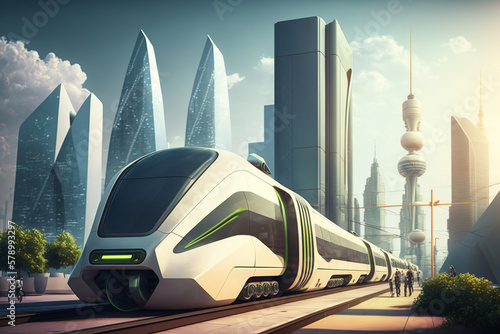 Eco friendly future train. Electric green energy transportation. City of the future, Eco buildings a lot of tree, greens, Clear energy. Generative ai.