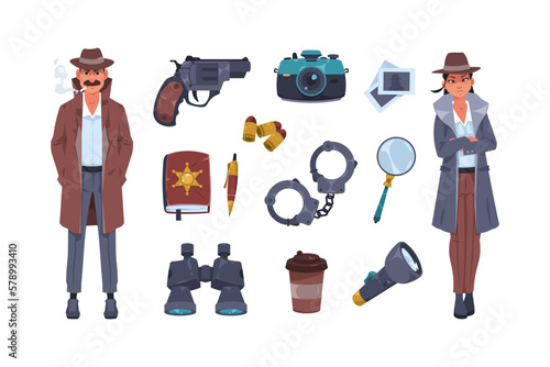 Detective equipment. Cartoon police agent character and spy tools for investigation criminal case and evidence search secret observation. Vector flat set